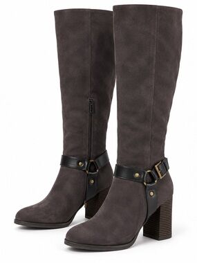 Riding Boots Gray Suede Knee-High Heeled Boots with Harness Detail 9